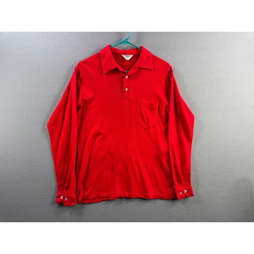 Vintage 60s Shirt Mens Medium Red Orlon Wool Blend Polo Shirt Long Sleeve